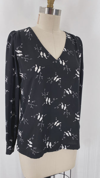 Loft Black Bird Print Top, XS